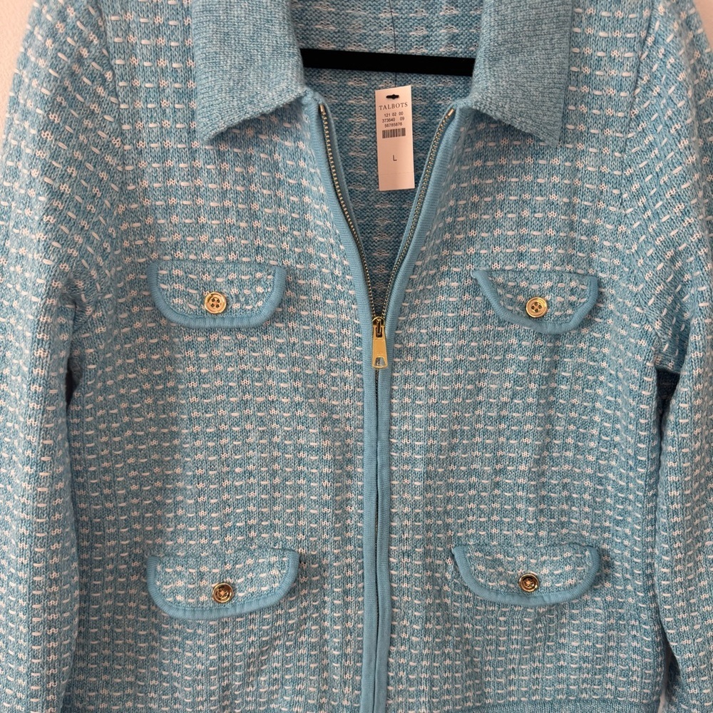 NWT Talbots Blue Knit Zip Front Jacket Cardigan Gold Buttons Size Large - Picture 4 of 7